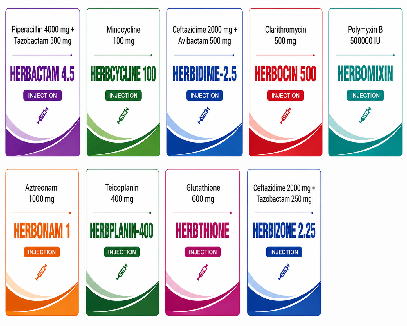 Treeherb India – All 10 Injection Products: HERBACTAM, HERBCYCLINE, HERBIDIME, HERBOCIN, HERBOMIXIN, HERBONAM, HERBPLANIN, HERBTHIONE, HERBIZONE, ASCORBIC